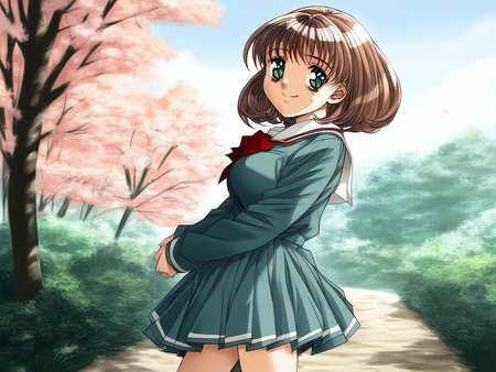 score_9, score_8_up, score_7_up, source_anime, rating_explicit, BREAK <lora:Sunohara_Suzuha_XL:0.9> Sunohara_Suzuha, brown hair, green eyes,  medium hair,  long breasts, smile,
1girl, solo, day, sky, tree, school uniform, outdoors, long sleeves, dress, skirt,