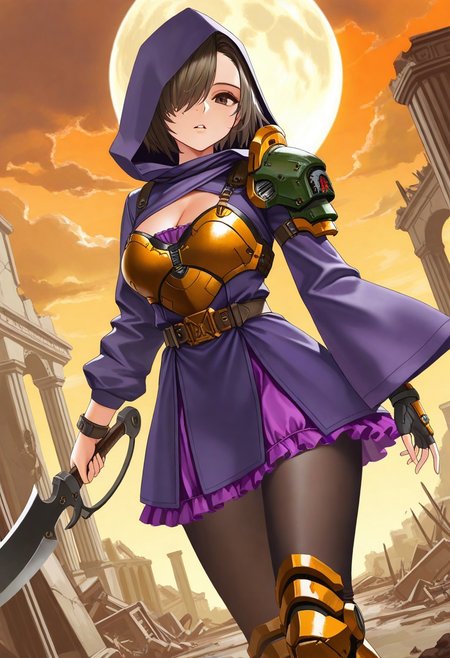 masterpiece, best quality, very aesthetic, absurdres, 
1girl, solo, cowboy_shot, 
doom scimitar fighter, 
brown eyes, one eye covered, greenish brown hair, short hair, asymmetrical bangs, hair over one eye, medium breasts, cleavage, 
asymmetrical clothes, hood up, hooded coat, purple coat, wide sleeves, long sleeves, single pauldron, breastplate, purple dress, frilled dress, short dress, single fingerless glove, belt, black pantyhose, armored boots, 
holding scimitar, 
standing, looking at viewer, expressionless, parted lips, dutch angle, hand up, fighting stance, 
outdoors, cloudy sky, full moon, orange sky, cloud, sky, twilight, ruins, middle eastern architecture, 
az-ys-il