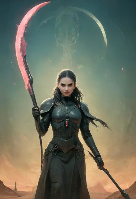 district 9 cover art style, Surreal Collage, vibrant Pastel Tones, Closeup Portrait, dystopian dune theme,
smiling Petite Female punisher stance aeldari, holding translucent scythe in ancient Sci-fi light, luminous digital letters starwars abyss devouring reality in the Background, dystopian Sci-fi Scene By Giger, ethereal, thermal, very detailed, HD,