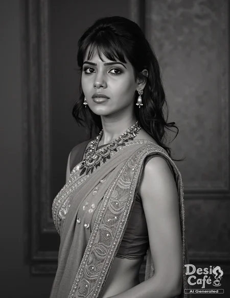 vintage greyscale photo of Samantha Ruth Prabhu woman, hyper realistic photo that is safe for work, serious, studio quality image, well dressed wearing intricate sleevelessKanjeevaram Silk Saree, hair styled as bangs,muted shaded wallpaper background that contrasts with the person, cinematic lighting,âââââ <lora:Samantha_Ruth_Prabhu_Flux_Kohya_V1-000001:0.8>âââ