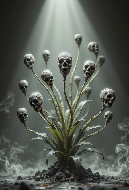 A surreal composition featuring a "skull plant," its delicate stems branching out into small, intricate flowers, each shaped like a tiny, detailed organic human skull. The plant is placed against a minimalistic, smooth background in a muted tone, ensuring full focus on the eerie beauty of the subject. A single spotlight from above casts soft, dramatic lighting, highlighting the intricate textures of the skull flowers and the glossy sheen of the plant's leaves, creating subtle shadows that add depth and dimension to the scene. The overall atmosphere is hauntingly serene, blending nature with a macabre twist. <lora:black_fantasy.safetensors:0.75>,  <lora:aidmaFLUXPro1.1-FLUX-v0.3.safetensors:1.0>,
