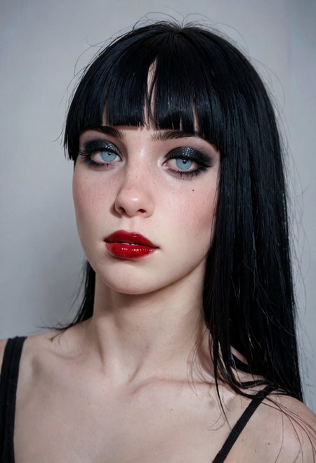 score_9, score_8_up, score_7_up, score_6_up, score_5_up, score_4_up, BREAK, RAW, horsefaced, teeth, medium_shot, 1girl, portrait of a beautiful goth, Horsefaced, black hair, black bangs, Blunt bangs paired with shoulder-length hair, pale skin, red lips, cute, eyeliner, makeup, seductive stare, tired eyes, upturned eyes, eyelashes, bangs covering forehead, long face, rectangle head, long nose, Goth Girl, looking at viewer, shelly duval, subtle smile, visible teeth, chubby cheeks, oval jawline, hair covering forehead
