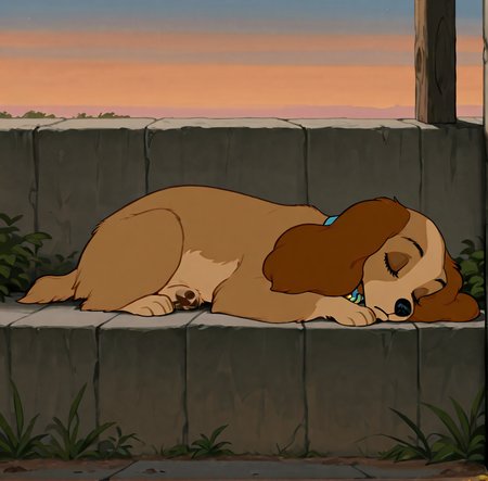 masterpiece, 4k, absurd res, detailed, highest quality,  cocker spaniel, solo, closed eyes, brown hair,, standing, full body, outdoors, sky, collar, bell, animal, animal focus, animalization, domestic dog, lady \(ladyandthetramp\), dog ear, animal nose, dog, no humans,  (sleeping:1.2), <lora:lattladyillustrious:1>, laying down