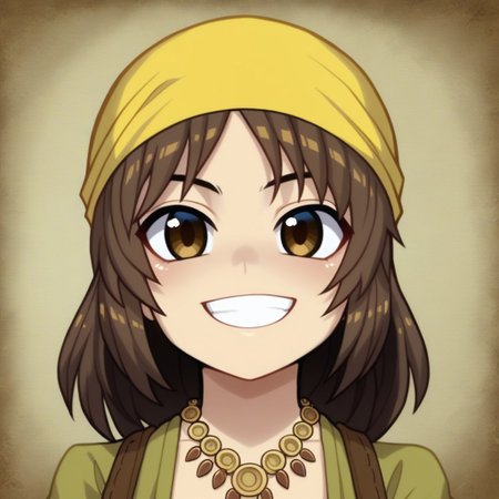 mana_sk style, portrait, focus on face, a daring treasure hunter girl with messy dark brown hair and sharp hazel eyes, wearing a tattered bandana and a necklace made of ancient coins, her mischievous grin revealing her fearless nature, faint glimpses of hidden caves in the background, Japanese RPG style, adventurous and bold atmosphere, intricate details on her bandana and necklace