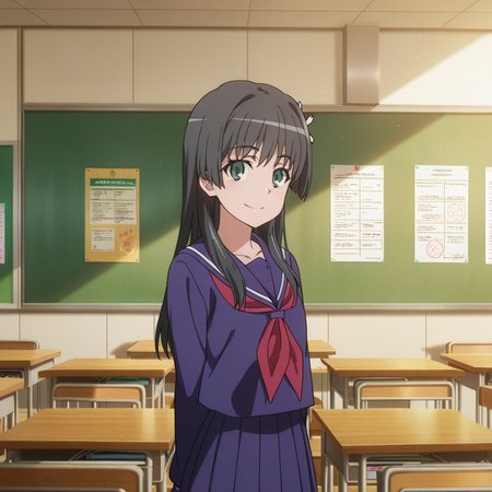 nsfw, masterpiece, best quality, amazing quality,1girl, solo, index_railgun_saten_ruiko, standing, smile, sakugawa school uniform, winter uniform, black hair, green eyes, long hair, blue serafuku, blue pleated skirt, long sleeves, blue sailor collar, hair ornament, hair flower, red neckerchief, looking at viewer, bangs, classroom, <lora:Saten_Ruiko_-_Index_Railgun:0.7>