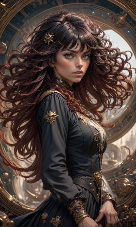 A beautiful portrait of a space pirate, digital art by "(a redhead woman with long curly black hair and bangs!!!, highly detailed, intricate, artstation, concept art, matte, sharp focus, illustration, art by greg rutkowski! (and alphonse mucha) ), Trending on Artstation HQ. octane render. 8K <lora:Fast:0.69>