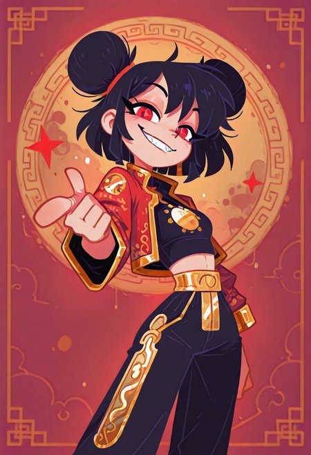 1 girl , solo , smiling , smirk , sharp teeth , closed mouth , red eye , looking at viewer , pointing finger at viewer , chinese jacket , chinese cropped shirt , chinese pant , gold print , light skin ,
masterpiece, best quality, amazing quality, imp4ct_style ,groovysmoothstyle , Flatline, Flat vector illustration ,