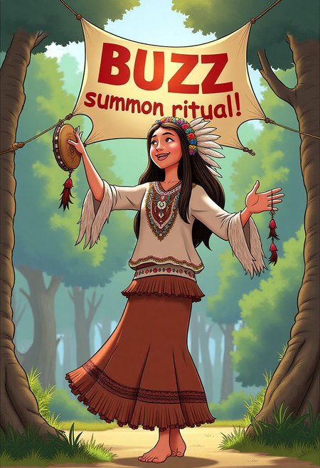 masterpiece absurdres, HDR , mythp0rt,  midjourneyv6.1, 3D, source_anime ,1girl,  native american girl, 18yo, happy, long embroided skirt ,embroided shirt , feather headdress, barefoot, long hair, flower wreath, holding tambourine, dancing,
under big banner with  text;"BUZZ summon ritual!", 
Jabstyle,