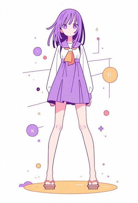 Flatline, Flat vector illustration, looking at viewer, full_body, 
nadeko, long hair, long bangs, school_uniform, sailor, 
slim, slender, knees, beautiful legs, barefoot, geta wooden sandals, 
from front, front view, straight-on, look at viewer, standing, (legs apart:1.4), 
white background,