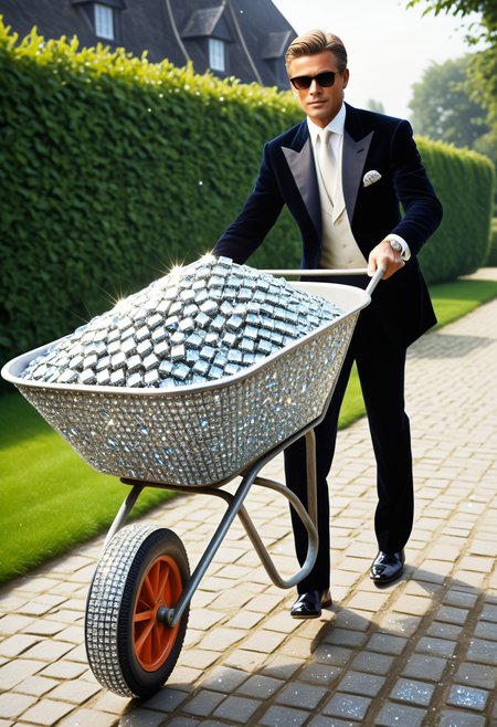 Photo of rich guy pushing a wheelbarrow full of diamonds,
badquality, low quality,
diamondMW, countless diamonds