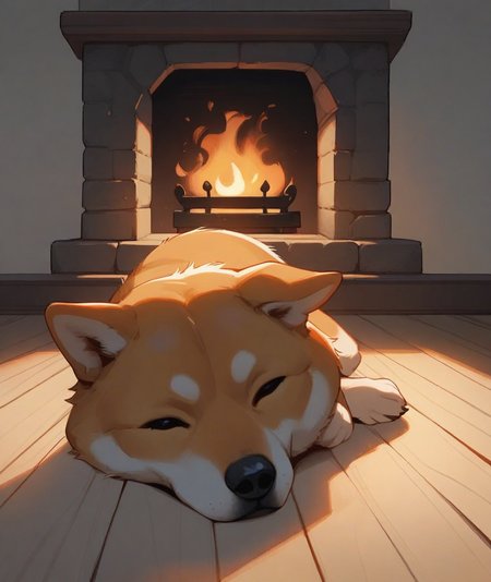 masterpiece, best quality, stylized, no humans, dog, animal focus, shiba inu, on stomach, wooden floor, fireplace, indoors, backlighting