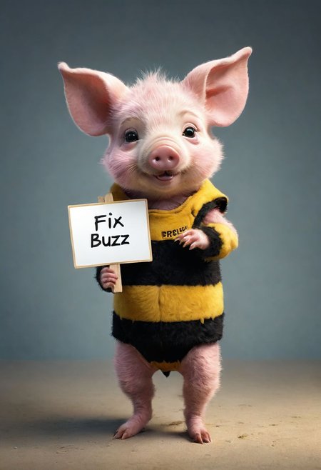 Realistic photograph of an adorable piglet in comically ill-fitting fuzzy-bumblebee costume, (holding sign with text:"fix buzz":1.4 ), in the style of, meticulous details, ultimate photo-realistic, still life, (holding sign that reads "fix buzz" ),  david teniers the younger, charming character illustrations, use of screen tones, 32k, subsurface scattering, Photo realism, Hyper-realistic, analog style, realistic, film photography, soft lighting, heavy shadow