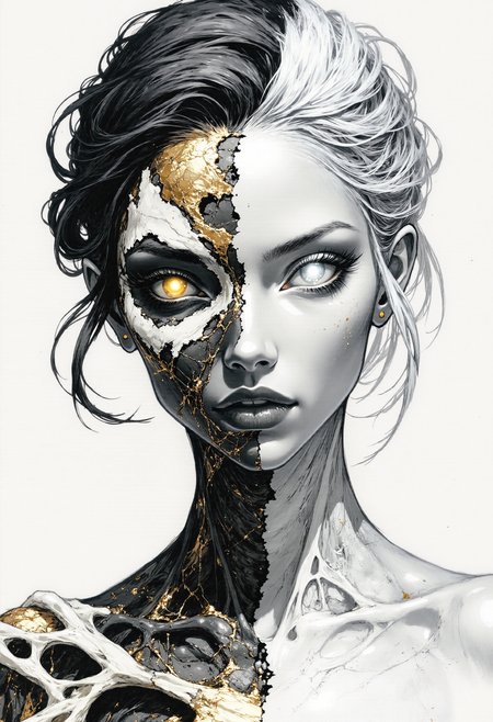 A portrait of Hel, the ruler of Helheim. Her marvelous wild mane covers part of her beautiful face and bare chest. Both eyeballs are completely blank and featureless, devoid of pupils and irises, and extend across the entire eye region, blending seamlessly into the surrounding facial area, while the eyes remain fully open. The face is divided into two halves. The left side shows signs of decay and decomposition, with lifeless dark-coal skin, hard bones are visible under the torn skin, shreds of golden ash detached from her skin. Her left eyeball is completely golden. The right half of the face is of unearthly beauty, with immaculate, flawless white skin. Her right eyeball is snow-white. The transition between the two halves of the face is fluid and unobtrusive, symbolizing the brief moment between life and death. The picture depicts a surreal and abstract pencil and ink drawing, characterized by a monochromatic scheme with predominant shades of black, white, and gray, which has been digitally enhanced.