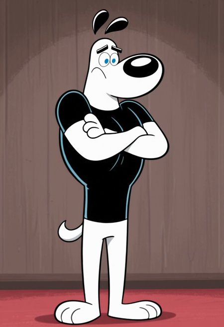 dudley, dog, 2D, cartoon, white fur, blue eyes, black ears, black shirt, black eyebrows, black nose, standing, feet paws, best quality, perfect, show accurate, masterpiece, 4K,