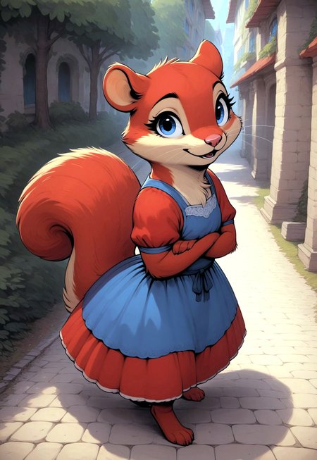 score_9, score_8_up, score_7_up, score_6_up, score_5_up, score_4_up, (((squirrel))), m0use_goldie, in the style of Beatrix Potter, cute, (standing walking:1.5), park, (feral), (blue eyes:1.5), (red fur:1.5), (dress), side view, (high angle view:1.2), nature, sun, joyous expression, arms crossed, (look at viewer:1.5), (open mouth:0.7),