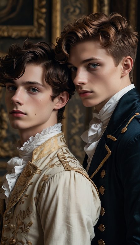 2boys, 19yo twinks, rococo, short brunette hair and short black ginger hair, (Chiaroscuro, Filmgrain, Cinematic LUT), <lora:sdxl_lightning_8step_lora:1>