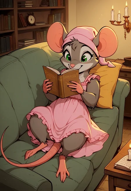 score_9, score_8_up, score_8, female, (solo), (fluffy:0.5), (feral), indoors, (((mouse))), female, green eyes, grey fur, grey ears, claws, (fluffy cheeks:0.4), (pink nightgown, nightcap), in the style of beatrix potter, cel-shading, (cute), lying on couch, reading, candlelit living room, simple background, night