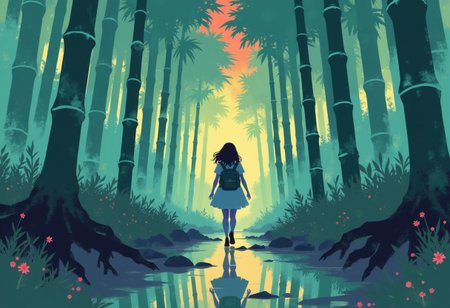A mysterious and atmospheric bamboo forest scene featuring a lone girl figure, travelling through a misty, otherworldly environment. The bamboo forest is filled with towering bamboo trees, their dark green trunks silhouetted against a vibrant and surreal backdrop of glowing yellow, orange and crimson hues. The vivid foliage contrasts sharply with the teal mist that blankets the floor, creating a dreamlike and ominous atmosphere.
The girl, exudes a sense of solitude and purpose. Her silhouette is highlighted by the soft glow of the mist, which subtly reflects off the polished surfaces of  the wet ground beneath her. The girl seems lost, form mirrored faintly in the shallow, reflective puddles scattered across the forest path. The surrounding environment is damp and textured, with roots and moss-covered stones adding to the natural complexity of the scene.
A faint, otherworldly light source illuminates the background, casting long, dramatic shadows that enhance the scene depth and mystery. The color palette is dominated by fresh green, rich reds, deep blacks, and glowing yellow, creating an intense and surreal visual impact. The composition suggests themes of isolation, exploration, and the intersection of the natural and supernatural worlds.
i11ustmin, i11ustmin Illustration
