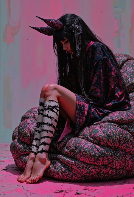 Japanese girl wearing cat ears, long eyelashes, long black bob, face obscured by hair, bare feet, feet to viewer black dress with pink collar, black and white striped stockings, sitting in a large beanbag, magenta grunge, in profile, side view, surrealism, pencils, fashion illustration, gradient magenta and teal background, avant-garde, vivid colors, filigrie, photorealistic rendering, mody chiaroscuro lighting