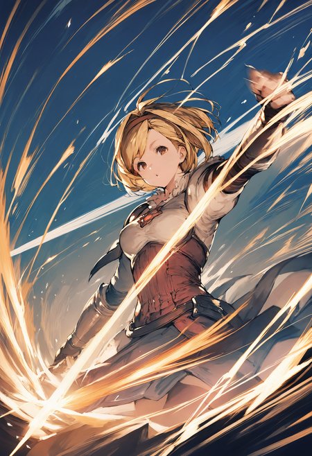 score_9, score_8_up, score_7_up,score_6_up, source_anime, best quality, masterpiece, aesthetic, absurdres, anime,
perspective, holding sword, action, motion blur, 
1girl, solo, looking at viewer, 
djeeta \(granblue fantasy\), fighter \(granblue fantasy\), blonde hair, short hair, hairband, brown eyes, medium breasts, pink blouse, skirt, tighthigh boots, (shoulder armor, gauntlets:0.7), 
<lora:JitaRuri-Pony:0.8> jitaruri, <lora:IshikePony:0.5>,