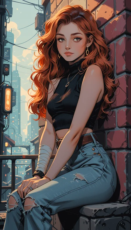 masterpiece, Shinkaistyle,
pinkretroanime, retro art,
Cyberpunk Style, cyberpunk, science fiction, hi tech, future tech, neon, (Cybernetics:1.25), (Neon Cityscape:1.4), (lineless:1.5), smooth edges, (lighten the face:1.5), tall body, slender body, fit body, long legs, This is a digital artwork featuring an illustrated character with red hair and fair skin. The character has freckles on their cheeks and shoulders, and their hair is styled in loose curls that fall around their face. They are wearing a black top with a round neckline, adorned with a collar that suggests it could be part of a costume or uniform. The sleeves are rolled up to the elbows, revealing tattoos on both arms. The character is seated against a brick wall, leaning slightly forward with one arm resting on their knee and the other hand holding onto a metal chain attached to a cuff around their wrist. The chain has a spiky design along its length. The character's expression is serious but contemplative. The background of the artwork is simple yet complementary. It consists of a muted gray tone with a soft gradient that suggests an overcast sky or indoor lighting with warm tones. A window is visible behind the character, allowing natural light to filter into the space. The overall color palette is rich and earthy, with reds being the dominant hue in the artwork, reflected in the character's hair and the brickwork of the wall. The character stands out against this backdrop due to their vibrant attire and distinctive features., 1girl, solo, long hair, breasts, looking at viewer, blush, smile, bangs, blue eyes, brown hair, shirt, bare shoulders, jewelry, medium breasts, sitting, very long hair, closed mouth, green eyes, red hair, earrings, small breasts, outdoors, sleeveless, midriff, belt, pants, orange hair, bracelet, from side, sweater, leotard, lips, looking to the side, grey eyes, torn clothes, bare arms, black shirt, eyelashes, sleeveless shirt, feet out of frame, turtleneck, highleg, wavy hair, bandages, expressionless, sunlight, ring, own hands together, tank top, light smile, denim, casual, messy hair, wristband, between legs, ribbed sweater, curly hair, v arms, hand between legs, jeans, pink lips, bandaged arm, nose, blue pants, against wall, midriff peek, wall, brick wall, torn pants, hands on lap, stone wall, torn jeans