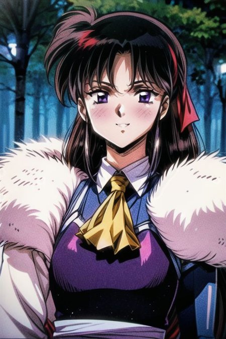 best quality 1girl Setsun4 solo long hair,  (night time) forest background black hair very long hair purple eyes multicolored hair armor, small, (fur trim) (medium body),<lora:EMS-179-EMS:0.800000>,<lora:EMS-293862-EMS:0.800000> bow, hair_bow, hair_tubes, red_bow, brown_hair, long_hair, bangs, ascot, frilled_bow, yellow_ascot, blush, smile, hair_between_eyes, athletic, armor, miko,  Smiling, happy,