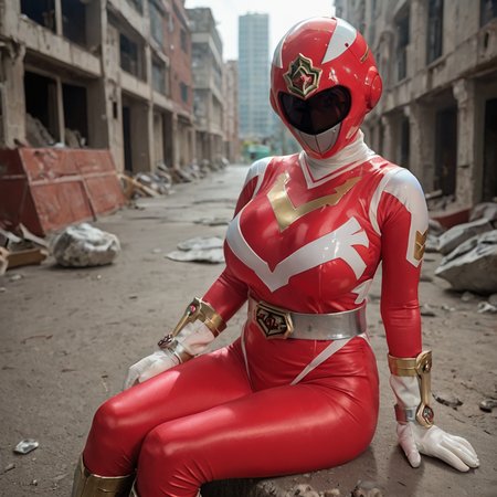 20yo, score_9, score_8_up, score_7_up, shiny oild skin, 
sentaisaintforce, red bodysuit, silver belt, white gloves, spandex, wing-shaped chest symbol, gigantic breasts, helmet removed, no headwear, 
 city ruin, rubble, sitting, 
 <lora:Saint_Force:0.8>