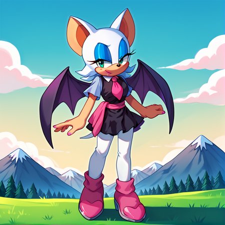 score_9, score_8_up, score_7_up, score_6_up, score_5_up, score_4_up, BREAK,   <lora:amyrosesonicxoutfit:1>, arsonicxoutift, black dress, short dress, white pantyhose, pink necktie, pink sash, short sleeves, outside, pink boots,     <lora:Rouge_the_bat:0.7>, 1girl, solo, animal ears, furry female, bat ears, rouge the bat, eyeshadow, blue eyeshadow, outdoors, clouds, mountains, grass,