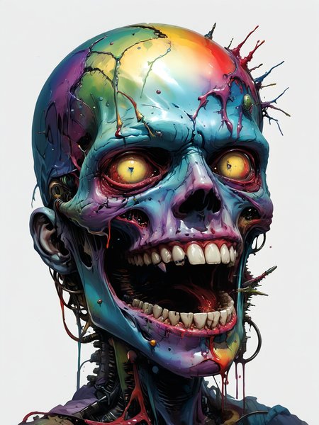 most detailed image of a very high quality masterpiece,complex composition, exquisite detailed features, photorealistic, absurdres, masterpiece fro another dimension, millions of colors,
<lora:saturated_colors:2> saturated colors,  melting rainbow, atomic bomb, translucent <lora:zavy-cntrst-sdxl:1> <lora:DieselPunkAIv2:1> <lora:Dark_Anime:0.5> <lora:HR_Giger_Style_Pony:0.5>, (logo, sticker, white background:1.3), vore, open mouth, teeth, zombie looking at iphone