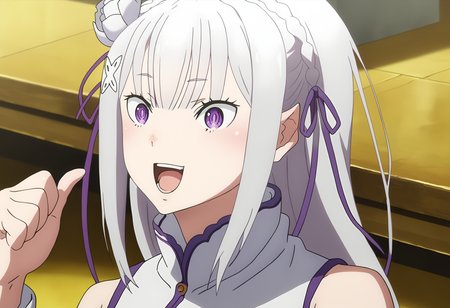 score_9, score_8_up, score_7_up, source_anime,
BREAK
 <lora:shiDioV2-000005:1>, konodiopose, pointing, parody, meme, 
smile, open mouth, 
1girl, solo, anime screencap, anime coloring, 
<lora:shiEmiliaV2:1> shimilia, long hair, grey hair, purple eyes, pointy ears, crown braid, hair flower, hair ribbon, purple ribbon, x hair ornament, white dress, cleavage, bare shoulders, wide sleeves, white thighhighs, thigh boots,
