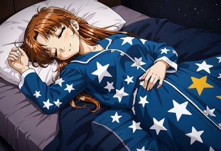 detailed background, shiny skin, rating safe, <lora:komirin.pony:1.0>, komirin, seina, looking at viewer, sleeping, closed eyes, smile, medium breasts, blue pajamas, star print, lying, on bed, on back, bedroom, blanket, dark room