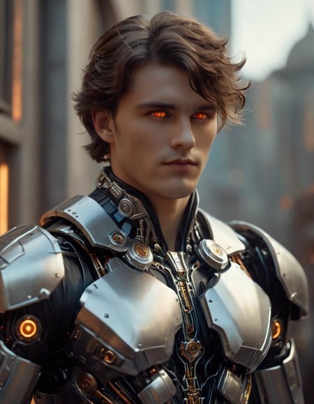 cinematic film still cinematic still fflix_mythcyber, Hades, greek god, science fiction, humanoid robot, 1boy, glowing eyes, male focus, realistic, upper body, blurry background, orange eyes, mecha, cyberpunk . emotional, harmonious, vignette, highly detailed, high budget, bokeh, cinemascope, moody, epic, gorgeous, film grain, grainy", "fflix_mythcyber, Hades, greek god, science fiction, humanoid robot, 1boy, glowing eyes, male focus, realistic, upper body, blurry background, orange eyes, mecha, cyberpunk, extremely detailed, style of giger, control art, digital painting, artstation, wlop, symmetrical, 8k, art by artgerm and greg rutkowski and alphonse mucha
 <lora:fflix_mythcyber-000006:1>, , <lora:FILM_PHOTOGRAPHY_STYLE:0.25> . shallow depth of field, vignette, highly detailed, high budget, bokeh, cinemascope, moody, epic, gorgeous, film grain, grainy