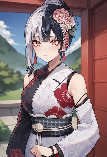 score_9,score_8_up,score_7_up,score_6_up, score_5_up, score_4_up,
1girl, shiori novella, single hair bun, single sidelock, hair flower, tsumami kanzashi, large breasts, sleeveless kimono, floral print, detached sleeves,bracelet, tassel earrings, closed mouth, two-tone kimono, large breasts, 
solo, cowboy shot, outdoors,
<lora:shioriponyxl2:1>