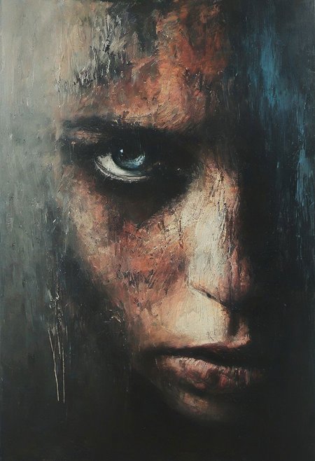 impactful paint of blonde woman with blue eyes, highly detailed,  sharp,  professional, clear,   high contrast, high saturated, vivid deep blacks, crystal clear