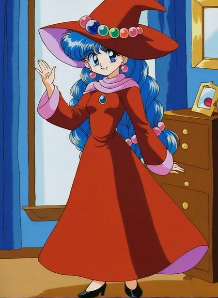 1girl, solo, full body, indoors, bedroom, smile, standing, looking at viewer,  <lora:lufia_pony:1>, lufia, long hair, jewelry, earrings, Dark Red hat, witch hat, witch, blue eyes, blue hair, Dark Red dress, small breasts, bangs, retro artstyle, braid, long sleeves,