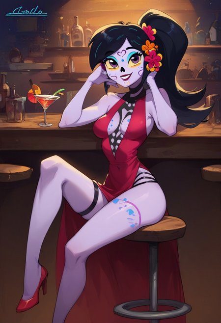 score_9, score_8_up, score_7_up, 1girl, solo, Catalina la catrina, black hair, ponytail, hair flower, yellow sclera, purple skin, purple eyes, makeup, bodypaint, medium breasts, red dress, (cocktail dress), center opening, pelvic curtain, sitting, hand on own face, [knee up], thigh strap, red footwear, high heels, bar, bar stool, night, nighttime, seductive smile, looking at viewer