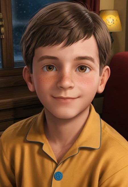1boy, cute boy, solo, Hero_Boy, Brown Hair, Hazel Eyes, Yellow Pajama shirt , Yellow Pajama Pants, Expressiveh, cute smile, freckles