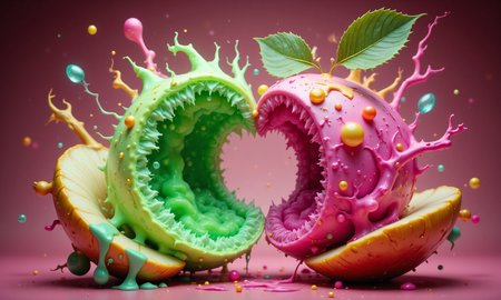 masterpiece, hyper realism, a high-resolution photograph, golden ratio, dutch angle, dynamic, side view, asymmetry, contrasting, unique, enigmatic, Crisp Apple Green Neon Pink