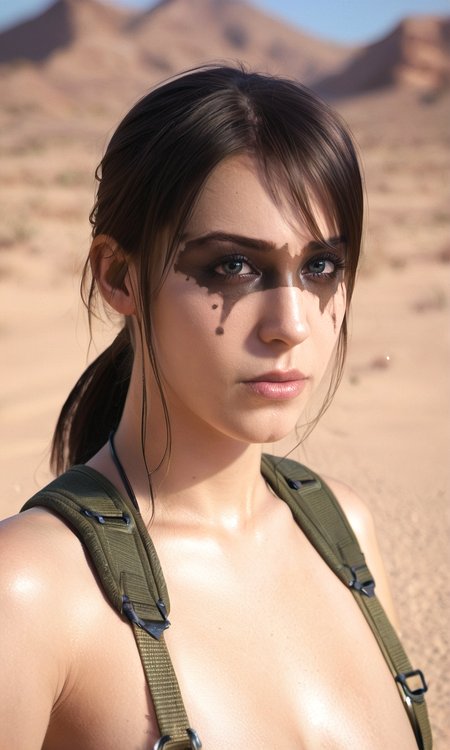 score_9, score_8_up, score_7_up, BREAK, zy_quiet, 1girl, brown hair, ponytail, suspenders, face paint, portrait, realistic, photo, real hair, detailed skin, desert, highly detailed, detailed skin, depth of field, film grain, <lora:zy_Quiet_PonyRealism_v1:.7>