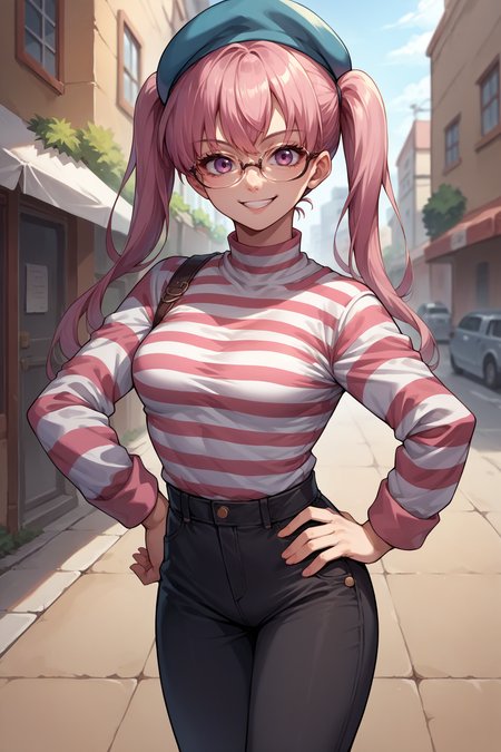score_9, score_8_up, score_7_up, score_6_up, source_anime, 1girl, solo, <lora:feserra-pdxl-nvwls-v1-000007:1> defSerra, pink hair, twintails, medium breasts, beret, striped shirt, long sleeves, black pants, looking at you, glasses, smile, street, hand on hip