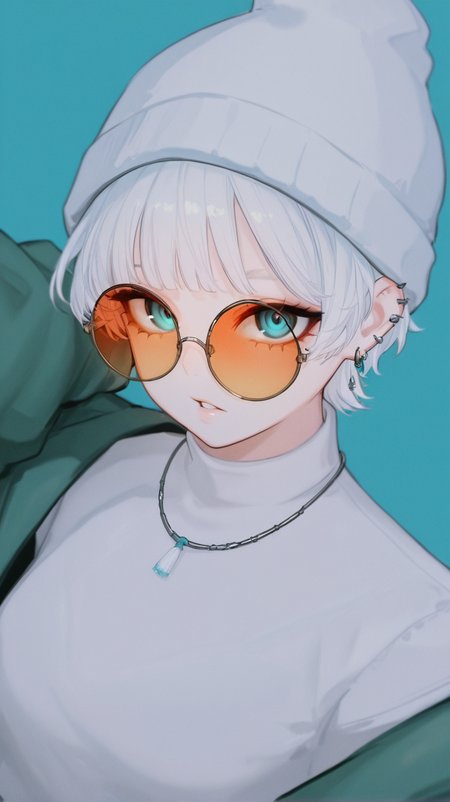 1girl, solo, looking_at_viewer, short_hair, bangs, blue_eyes, simple_background, shirt, hat, jewelry, jacket, upper_body, white_hair, earrings, parted_lips, blunt_bangs, necklace, white_headwear, blue_background, piercing, sunglasses, ear_piercing, green_jacket, round_eyewear, beanie, tinted_eyewear, aqua_background, orange-tinted_eyewear