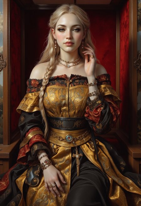 A Renaissance-style closeup portrait of an oil painting of a woman from the chest up sitting before a heavy velvet dressing screen, draped in a meticulously crafted Renaissance gown with modern embellishments. The off-the-shoulder dress, made of deep crimson velvet, features an embroidered golden corset laced with delicate black silk ribbons and a subtle digital luminescence outlining the brocade patterns. Her sleeves are long and flowing, gathered at the wrists with metallic clasps shaped like circuit patterns. Her pearl-adorned hair is woven with fine gold chains, while a sleek, futuristic data ring on her finger glows faintly in contrast to the antique jewelry adorning her wrists. She stares at the viewer with a subtle smile.