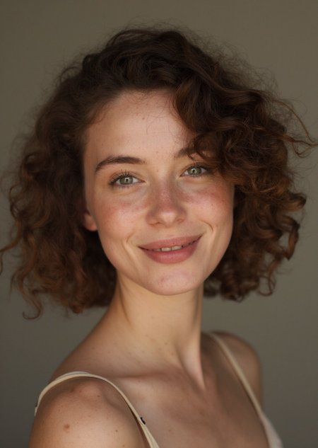 This captivating portrait of a young woman showcases a masterful blend of subtle lighting and nuanced composition. Shot against a neutral background, the subject's face is illuminated by a soft, warm light that accentuates the gentle curves of her features. The camera angle is slightly tilted, allowing the viewer to appreciate the subtle nuances of her expression.

The subject's curly brown hair is styled in a voluminous, natural-looking manner, framing her heart-shaped face and adding to her effortless charm. Her skin, with a subtle scattering of freckles, appears smooth and luminous, thanks to the careful application of lighting that minimizes harsh shadows.

The overall effect is one of understated elegance, with the subject's gaze seeming to hold a quiet confidence. The image is suitable for all audiences and is not suggestive or explicit in any way.