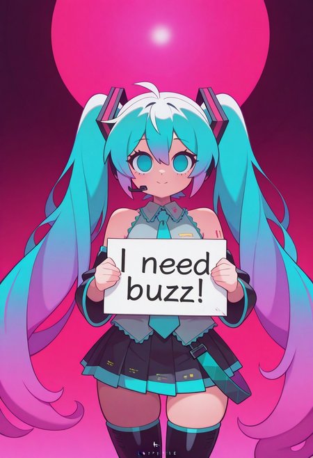 1girl, solo, full_body, cute, empty eyes, perfect_face, beautiful_eyes, (cute_pose), standing, dynamic pose, ((masterpiece)), colorful, glowing hair, stunning, ((looking_at_viewer)), expresive face, ((front view)), easynegative, cowboy shot, filph_style,  hatsune_miku, long turquoise twin tails, black and pink hair ties, turquoise hair,turquoise eyes, sleeveless gray top, turquoise tie, pleated black skirt, detached black sleeves, thigh-high black stockings, black boots with turquoise details, futuristic headset, cyberpunk fashion, need_buzz, holding sign