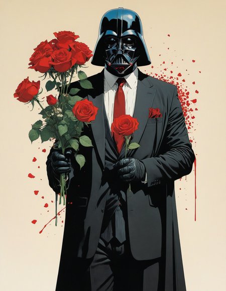 by Jean-Baptiste Monge and Tomer Hanuka, darth vader in a suit, giving roses, bansky style, comic book cover art, bold lines, expressive drawing,  award winning, (intricate details, masterpiece, best quality:1.4),
looking at viewer, dynamic pose
<lora:add-detail-xl:1> <lora:xl_more_art-full_v1:0.5>  <lora:NicolaSamori:0.5> in the style of nicola samori <lora:looking_at_viewer:2>