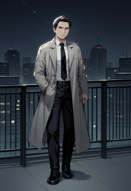 score_9, score_8, score_7, (city background), night, dramatic light, sketch, 1man mature, blue eyes, black trenchcoat, grey coat, black tie, white shirt, black pants, black shoes, irritated, hold a gun, aiming the viewer