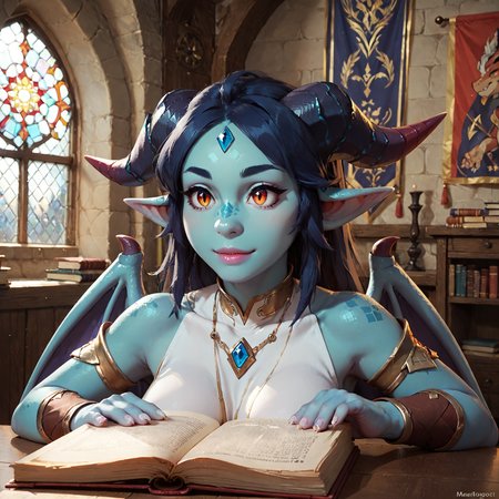 score_9, score_8_up, score_7_up, dragon woman, blue skin, dragon woman, medium breasts, mage robes, adventurer, face focus, dragon wings, close up, indoors, castle interior, banner, window, magic, book, mage  <lora:blue_dragon_lady_06:0.8>