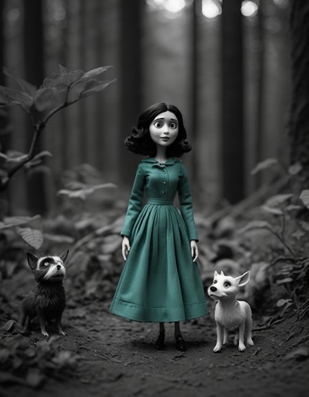 cinematic film still <lora:CivitAI_64_ALL:0.7> [X] Monochrome  CivitAI Fusion Style,a doll in a green dress standing in the woods, theother motherfromcoraline , as a claymation character, coraline, mahira khan as a dd wizard, still from animated horror movie, claymation character, brandon woelfel, realistic cosplay, photorealistic disney, still from alita, stop motion character . Black and white, contrast, tone, texture, detailed . shallow depth of field, vignette, highly detailed, high budget, bokeh, cinemascope, moody, epic, gorgeous, film grain, grainy