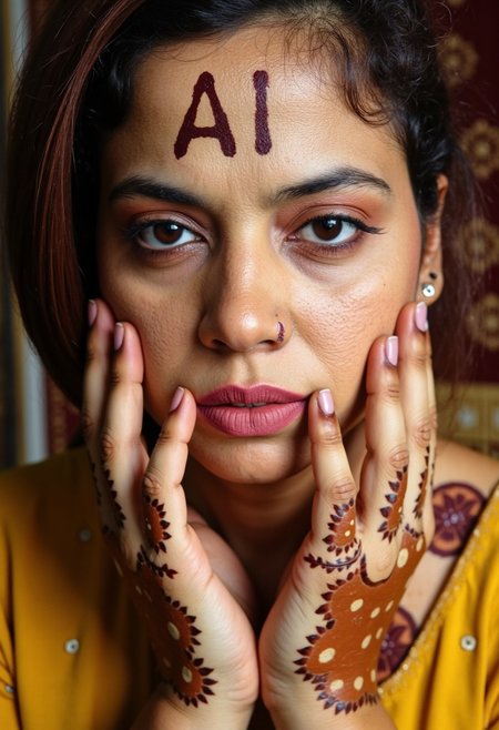 A close-up portrait of a model with intricate henna designs on her face and hands that subtly incorporate the word "AI Girllfriend", taken with a Leica Q2. The high-resolution image highlights the fine details of the artwork and the depth in her eyes, conveying a strong sense of self.