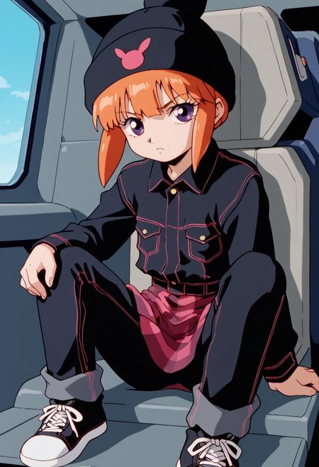 score_8, score_8_up, score_7_up, AWGXS, anime screenshot, retro artstyle,1990s (style), cel animation BREAK 1girl, female focus, solo, looking at viewer, usagi_kurokawa, beanie, black headwear, hat ornament, orange hair, bangs, short hair, sidelocks, denim jacket, black jacket, collared jacket, breast pocket, long sleeves, skirt, plaid skirt, pants under skirt, black pants, jeans, sneakers, black footwear, cockpit, sitting, looking at viewer, straight-on, serious expression,